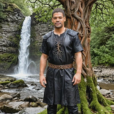 As a Norse god, wearing a leather tunic, standing by a waterfall with an ancient Yggdrasil tree in the background