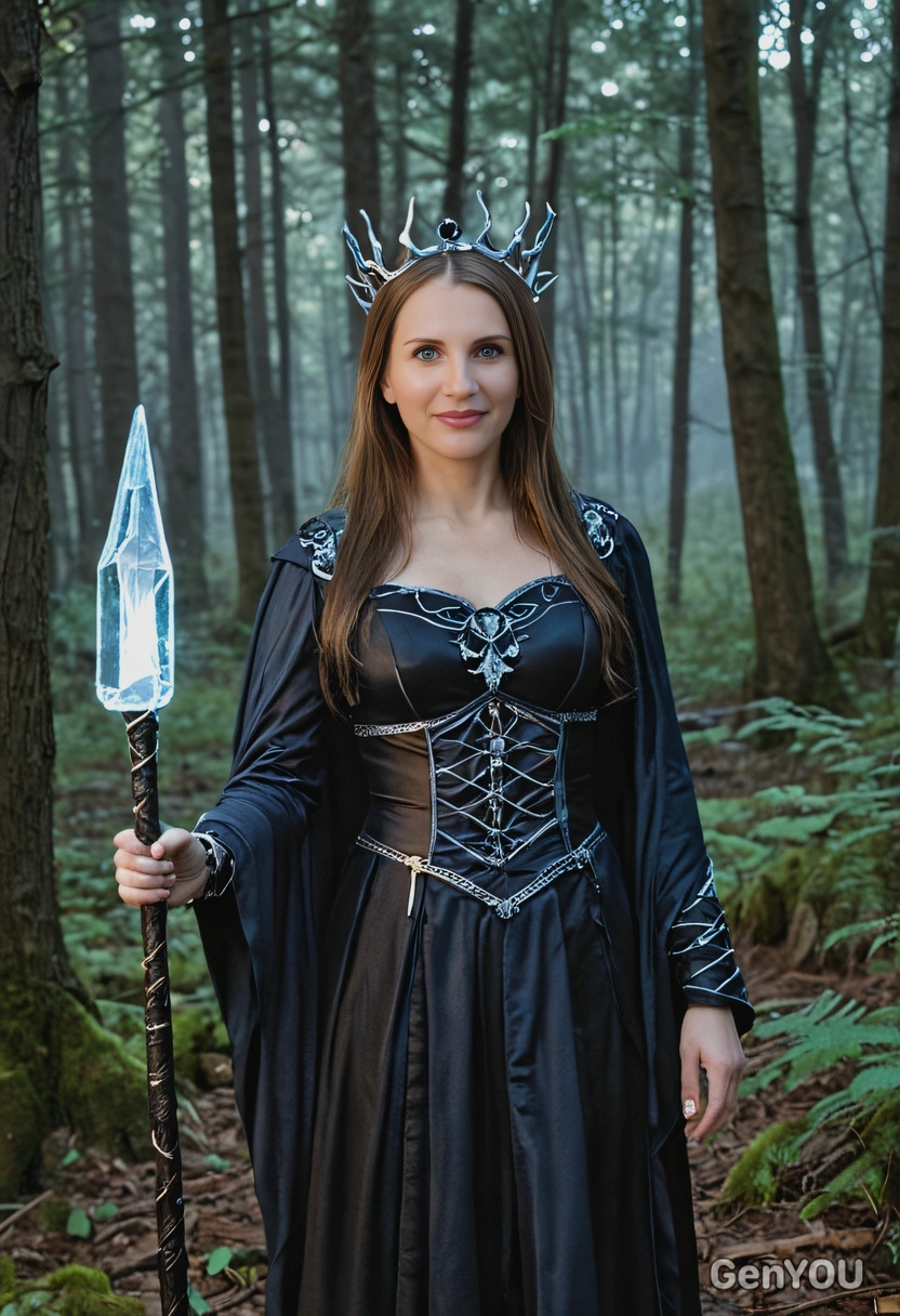 as a witch queen, holding a glowing crystal staff, standing in a dark forest