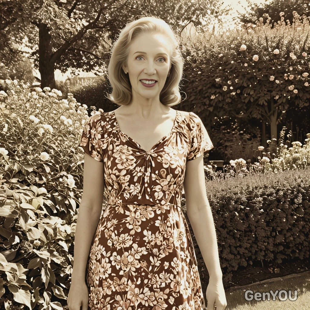 in a floral 1970s dress, standing in a sunlit garden, with a soft sepia filter