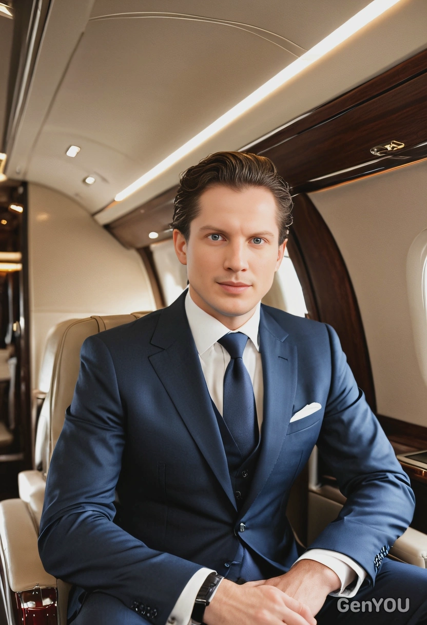 in a tailored suit, sitting inside a private jet cabin, blurred background, soft focus