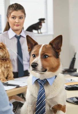 at my desk with a dog in a tie sitting beside me, work meeting, blurred background