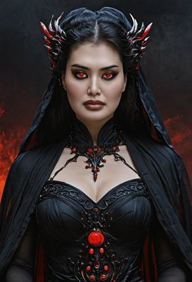 As a goddess of the underworld, dressed in a dark flowing gown with glowing red eyes