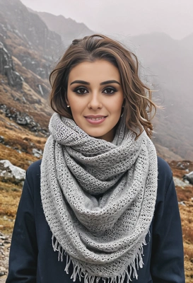 mid-shot, with a tousled brunette lob, wearing a chunky scarf, in a misty mountainous area