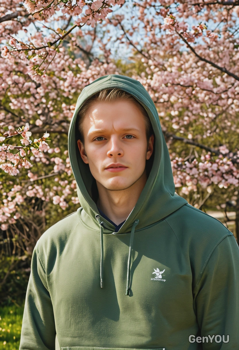 sharp skin texture details, portrait photo, in a green hoodie, standing near a sakura tree, golden hour