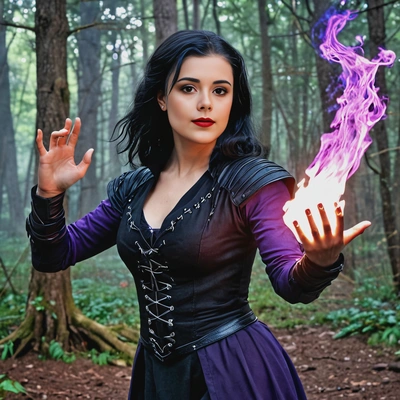 as Yennefer from the Witcher, casting a powerful spell with violet flames dancing at her fingertips, in the mystical forest of Brokilon