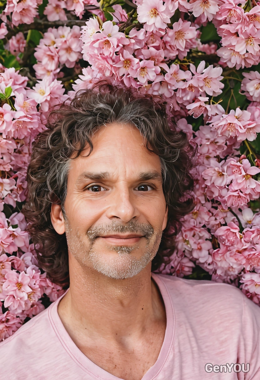 A romantic portrait of a young man with tousled dark curls and defined features, laying down framed by pink cherry blossoms in soft, natural lighting