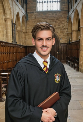 as Hogwarts' student, smiling, wearing Hogwarts robes, in the empty Great Hall, mid-shot 