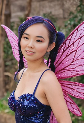 as Musa from Winx Club, with navy blue pigtails and pink streaks, wearing her red and purple fairy outfit with music-themed glittery wings, soft focus, blurred background