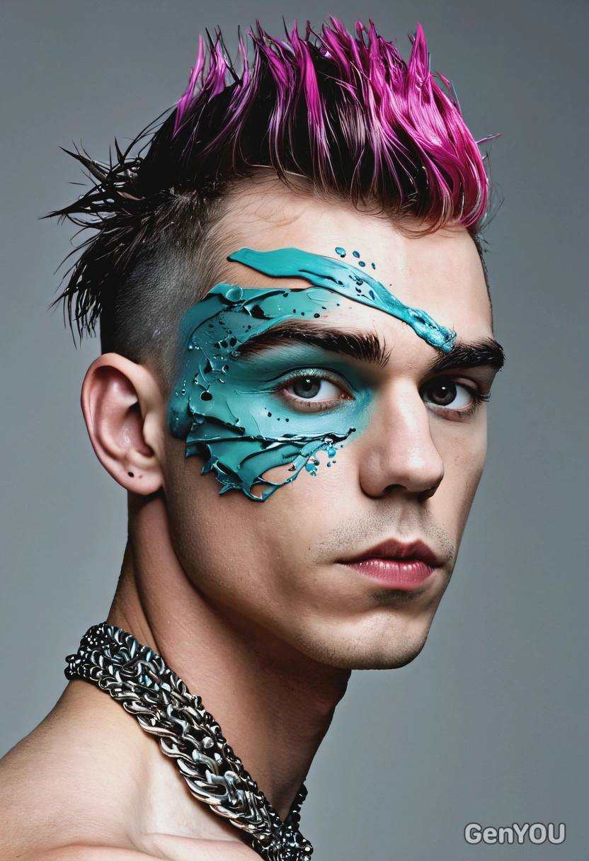 a surrealist makeup look, drawn floating eyes, melting shapes, and unexpected color combinations, head and shoulders image, mohawk