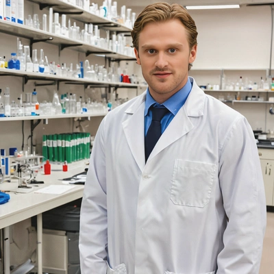 as a scientist in a white lab coat , standing in a state-of-the-art laboratory