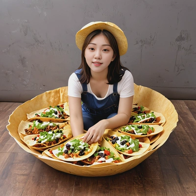 sitting in a giant taco shell, using nachos as paddles to row