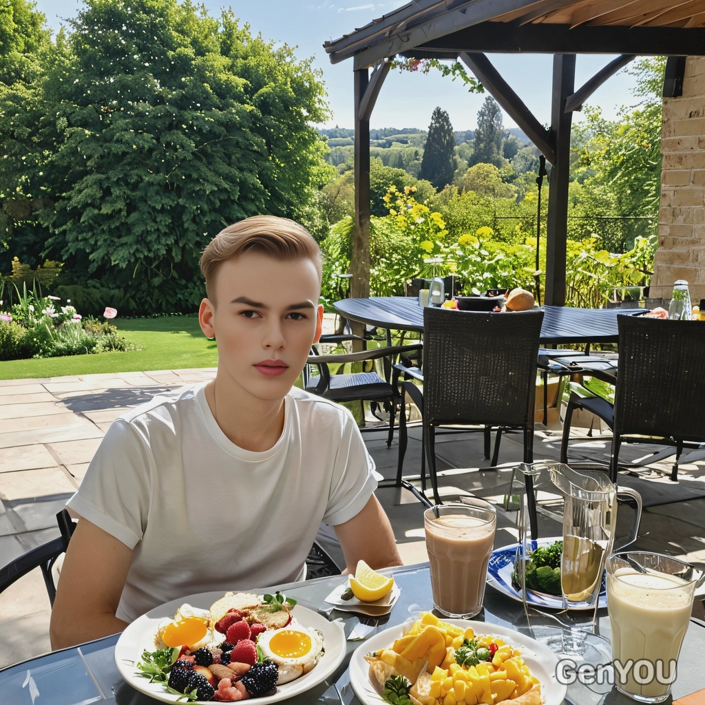 enjoying breakfast on a sunny terrace, a sprawling estate on the background