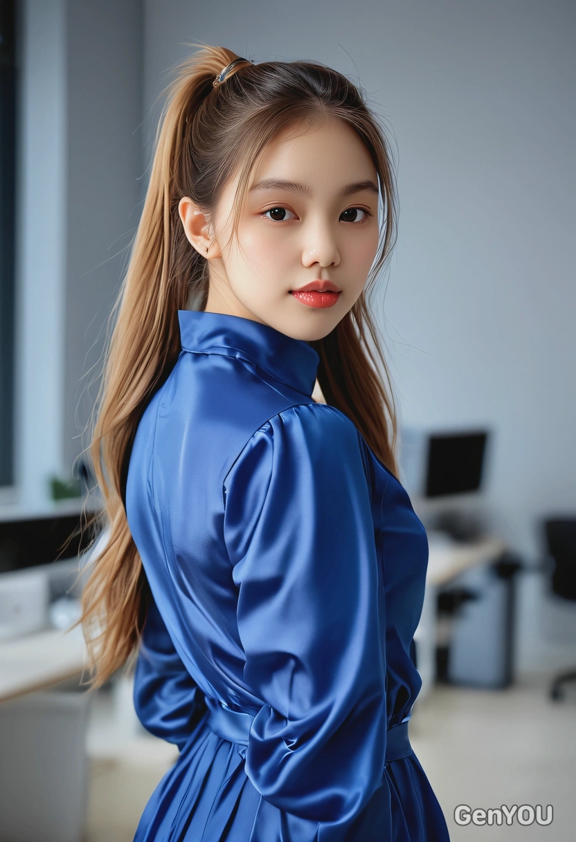 cinematic look, sharp skin texture details, high-quality portrait, confident smile, long ponytail hair, electric blue silky casual couture dress, cool standing, blurry open-space office background, soft shadows