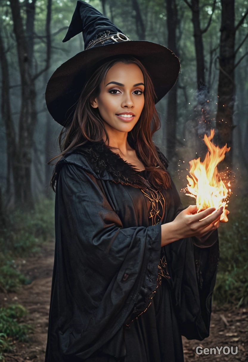 @me dressed as a witch with bushy brown hair, dark night, forest, fog, blurred background, symmetrical clothing details, casting a fire from her hand, looking focused, close-up, high-quality stylized art