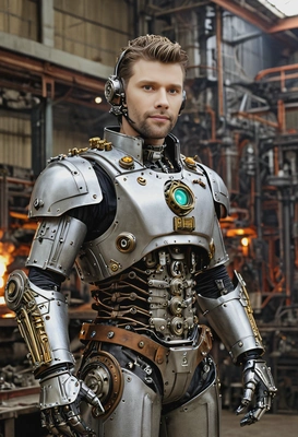 as a Steampunk automaton, dressed in metallic armor with glowing gears, standing in a factory with steam-filled air