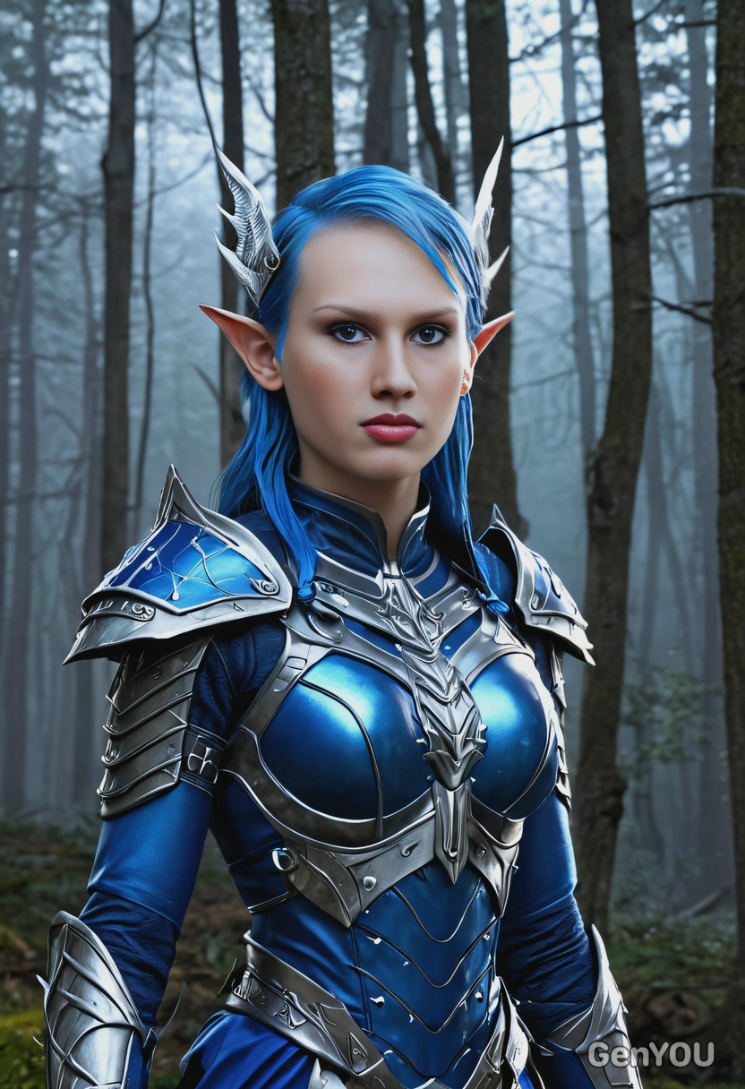 as an elf, in glowing blue and silver armor, with spear, night foggy forest, looking at you, vivid colors, symmetrical clothing details, 3D video game style, high-quality stylized art