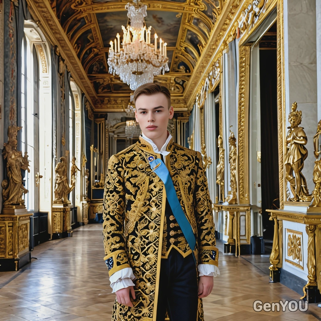 A French king standing in the Hall of Mirrors at Versailles