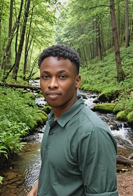as a nature lover, standing in the forest, with a peaceful forest stream flowing nearby