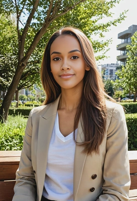mid-shot, with long smooth layered hair, wearing a beige blazer, on a sunlit city bench surrounded by greenery