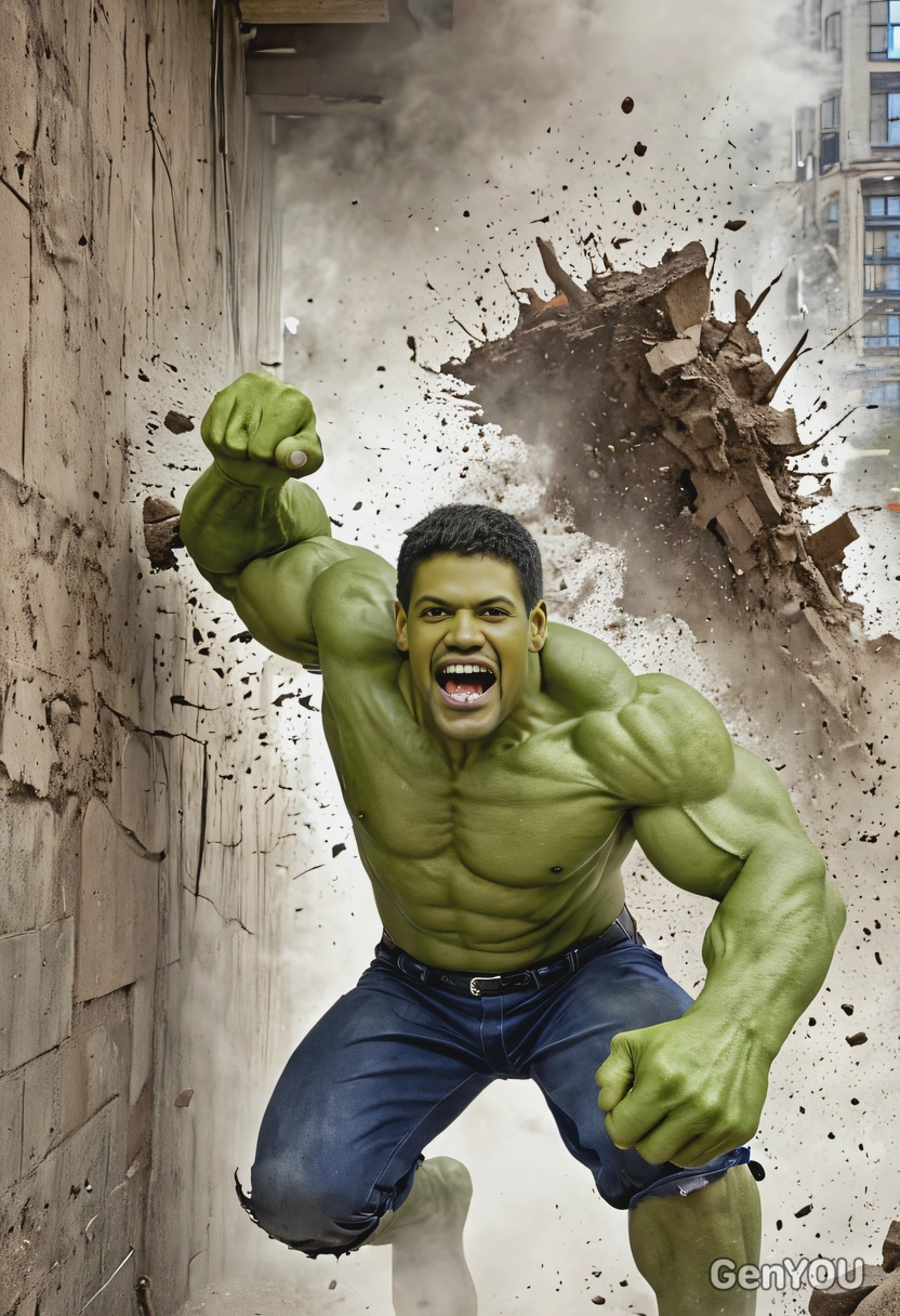 Hulk smashing through a wall with a roar, dust and debris flying around