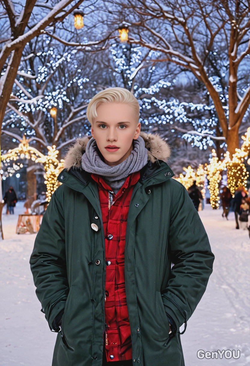  in winter coats, strolling through a snow-covered park with Christmas lights and decorations on the trees.