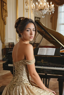 gracefully sitting posing by a grand piano in an opulent music room, exquisite shimmering dress, classic hairdo, cinematographic style, blurry background, professional shot, indoor lighting, soft shadows, light glare, golden hour