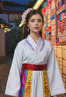 wearing a colorful K-pop outfit inspired by traditional hanbok, blending modern and cultural elements, standing in a vibrant, illuminated setting