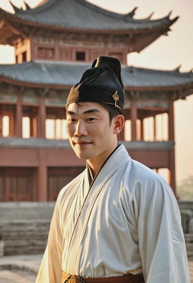 Tang Dynasty China, Scholar-official in formal robes, traditional hat, jade belt, blurry pagoda on the background, sunrise