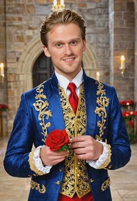 Prince in blue and golden waistcoat inside castle hall holding rose, vivid colors and symmetrical details
