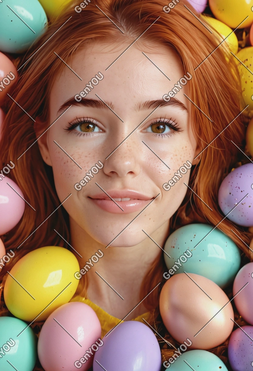 high-fashion close up, smooth copper red hair and glowing freckled skin, soft glam makeup, face surrounded by glossy pastel-colored Easter eggs in yellow, pink, mint, lavender, and gold, playful yet luxurious aesthetic, studio lighting, ultra high detail, glossy magazine editorial, beauty campaign style