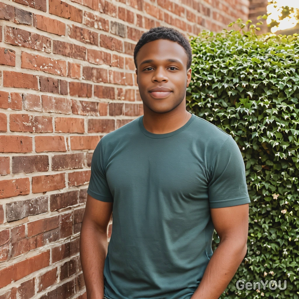 wearing  a vintage tee, against a brick wall with soft ivy, blurred background, soft focus, looking at viewer, sunset lighting, sharp skin texture