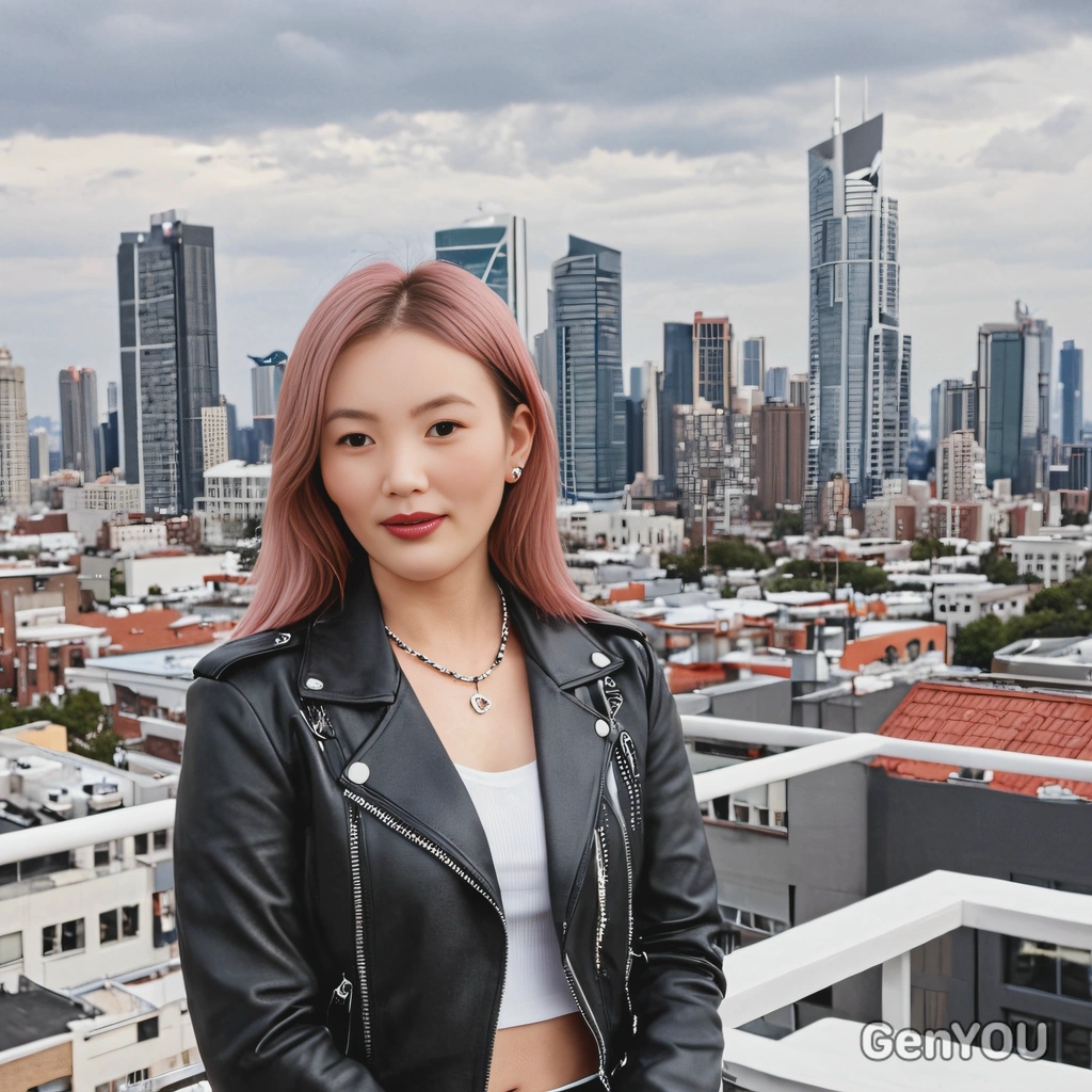 as Rosé from Blackpink, wearing a sleek black leather jacket and silver jewelry, standing on a rooftop with the city skyline in the background
