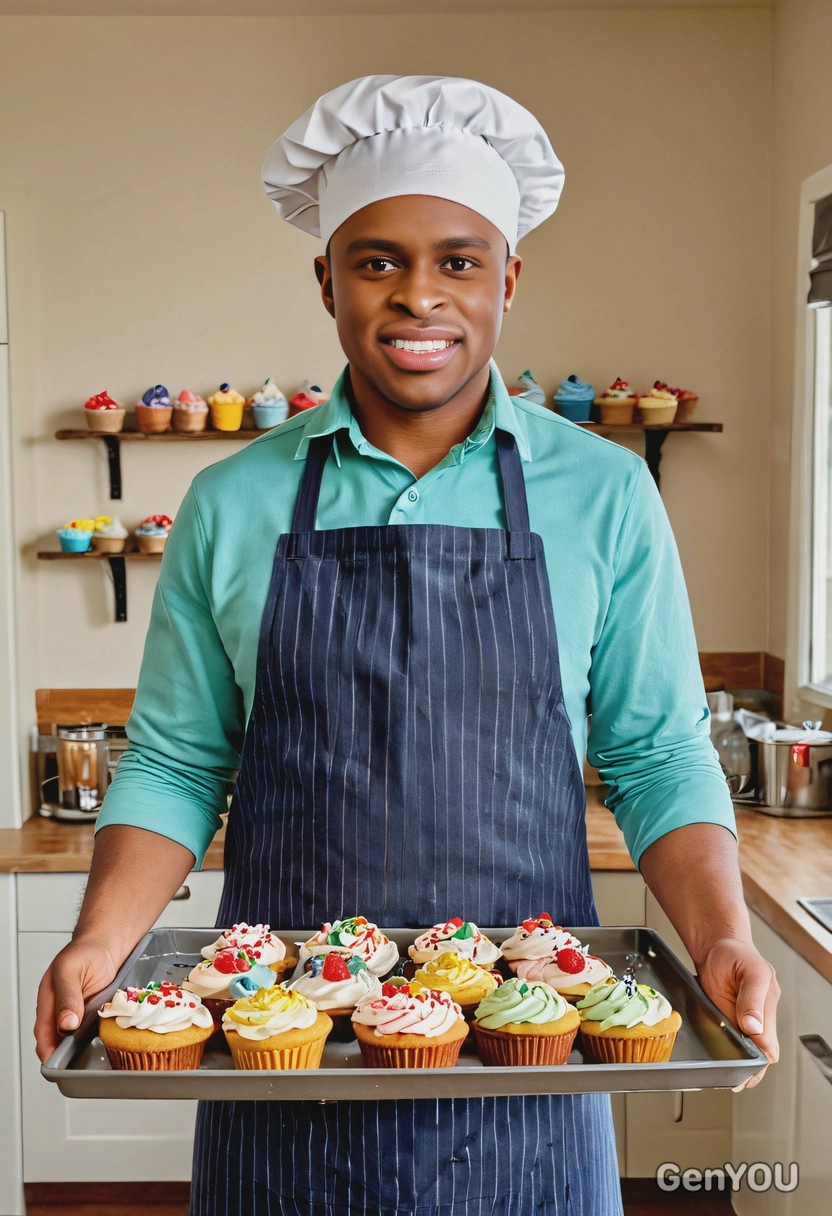 as a cheerful baker, apron, baker hat, holding a tray of freshly baked cupcakes, colorful kitchen, looking directly into the camera, symmetrical clothing details, cartoon style, high-quality stylized art