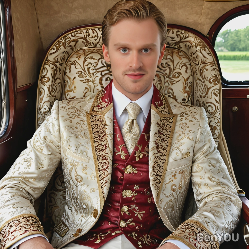 as a young prince in a silk embroidered suit, sitting in a luxurious royal carriage 