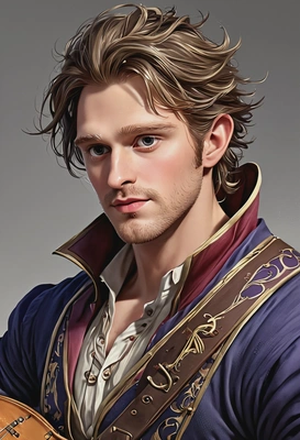 as a bard, singing, high-quality stylized art, eyes on you, visible brushstrokes 