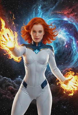 Jean Grey surrounded by a fiery Phoenix aura, in space