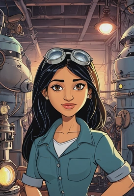 Hand-drawn flat cartoon style, Audrey Ramirez from Atlantis: The Lost Empire, oversized cartoon eyes, welding torch glow lighting, waist-up portrait, submarine workshop background