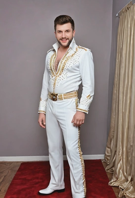 Dressed as Elvis Presley at a costume party, pompadour hairstyle, full-body image, party surroundings, background lights