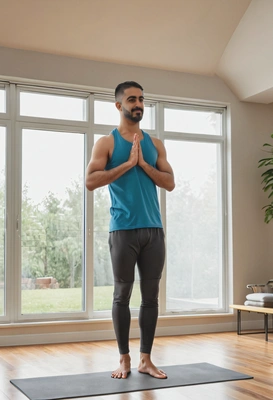 standing on a yoga mat in a modern minimalist living room, with soft natural light streaming through large windows, blurred background