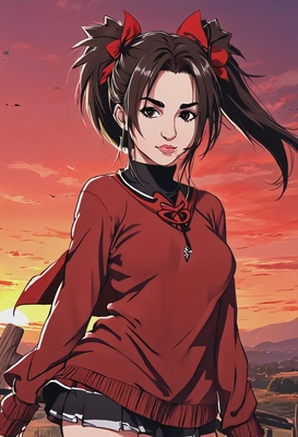 2D anime style, dramatic fantasy shading, bold ink outlines, In Fate/Stay Night anime as Rin Tohsaka, playful smirk, oversized anime eyes, long dark brown twin-tails, red sweater, standing under a crimson sunset, waist-up frame