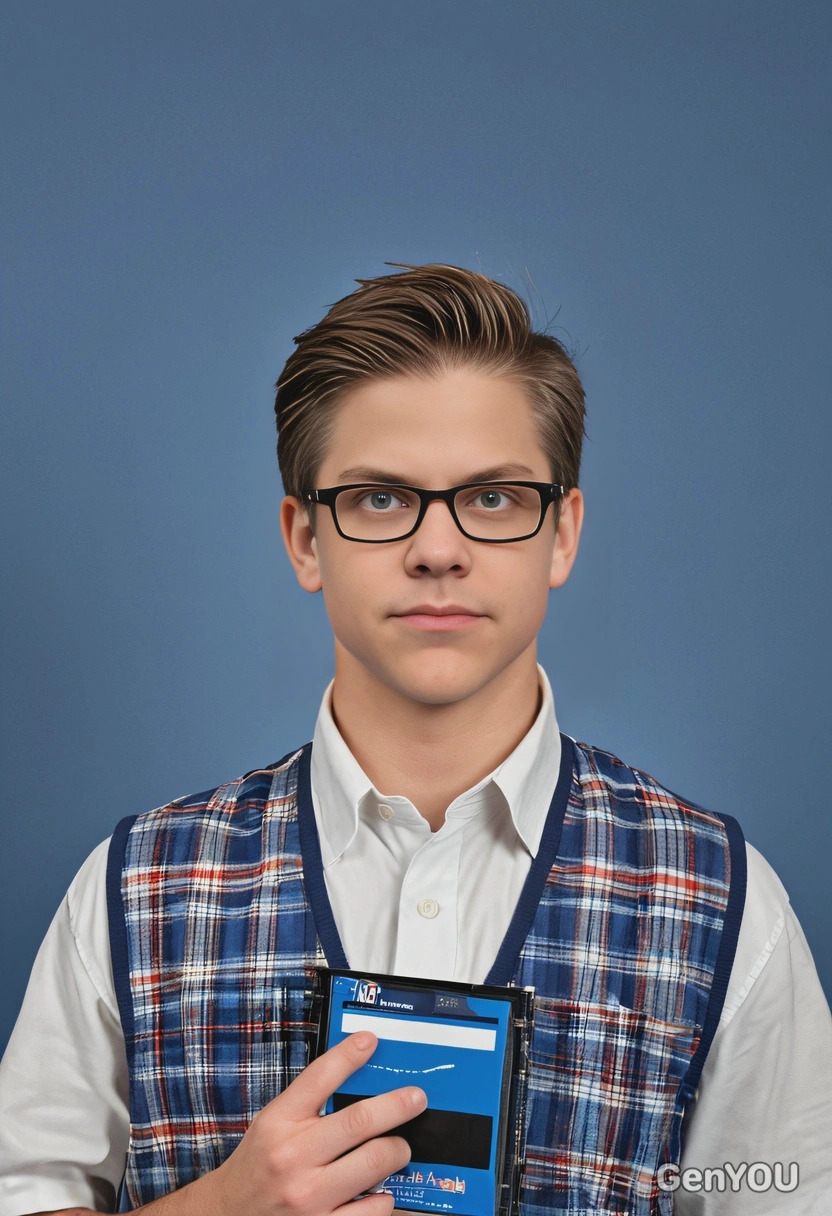 as a 90s tech whiz, in a plain tee, plaid vest, and thick-rimmed glasses, holding floppy disks, against a standard yearbook blue background 