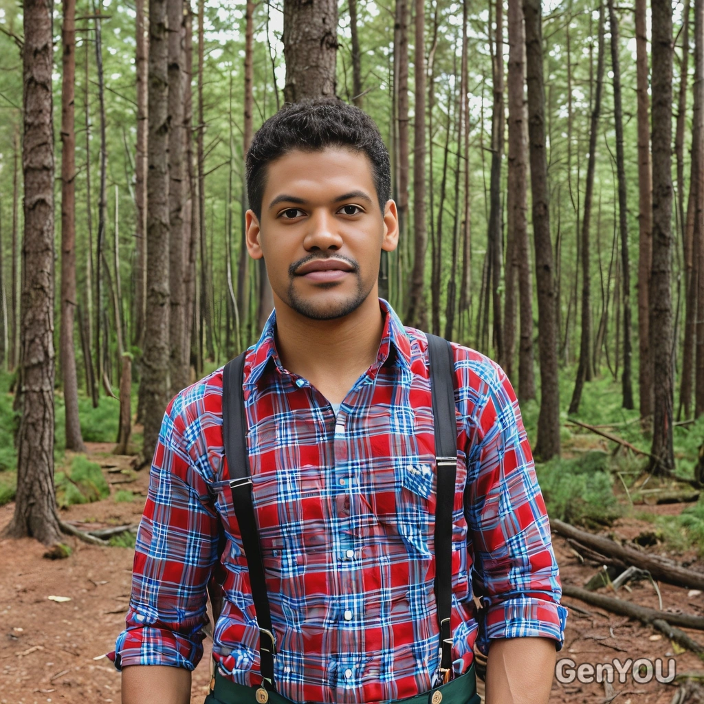 As the Woodcutter from Little Red Riding Hood, wearing a plaid shirt and suspenders, standing at the edge of a thick forest 