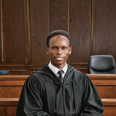 as a judge in a traditional black robe, sitting in a courtroom, half body view