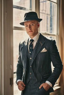Roaring 20s vibes, Dapper gangster in pinstripe suit, fedora, morning rays from the window