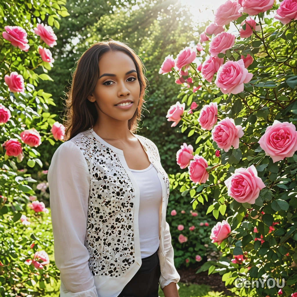 a woman standing in a garden full of blooming roses, with soft sunlight filtering through the leaves