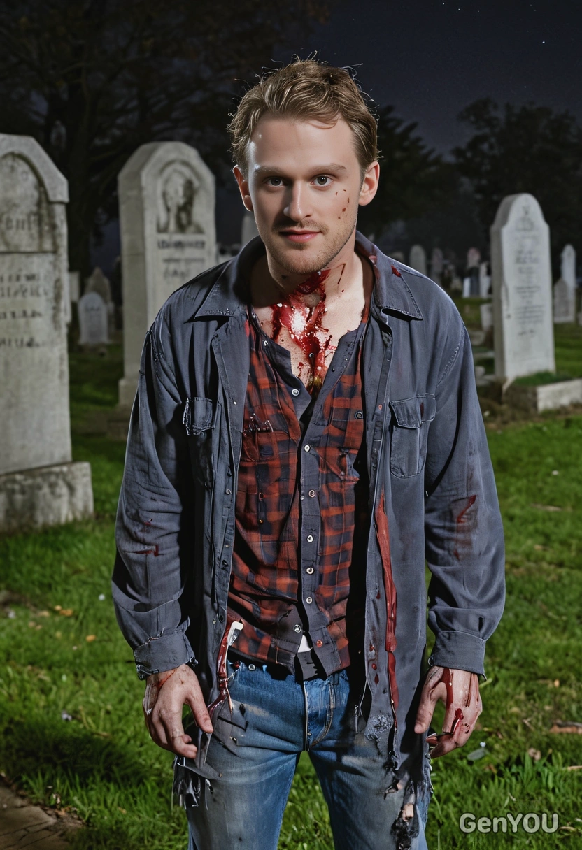 zombie with tattered clothes and fake blood, standing in a night graveyard