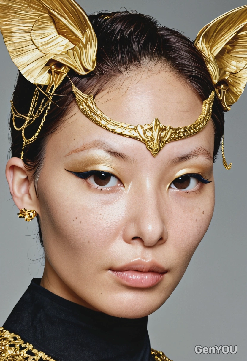 haute couture, cat-like eye makeup, symmetrical details, elegant hairdo, gold