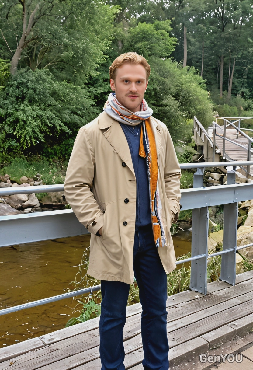 wearing a lightweight coat and scarf, standing on a bridge over a gentle stream
