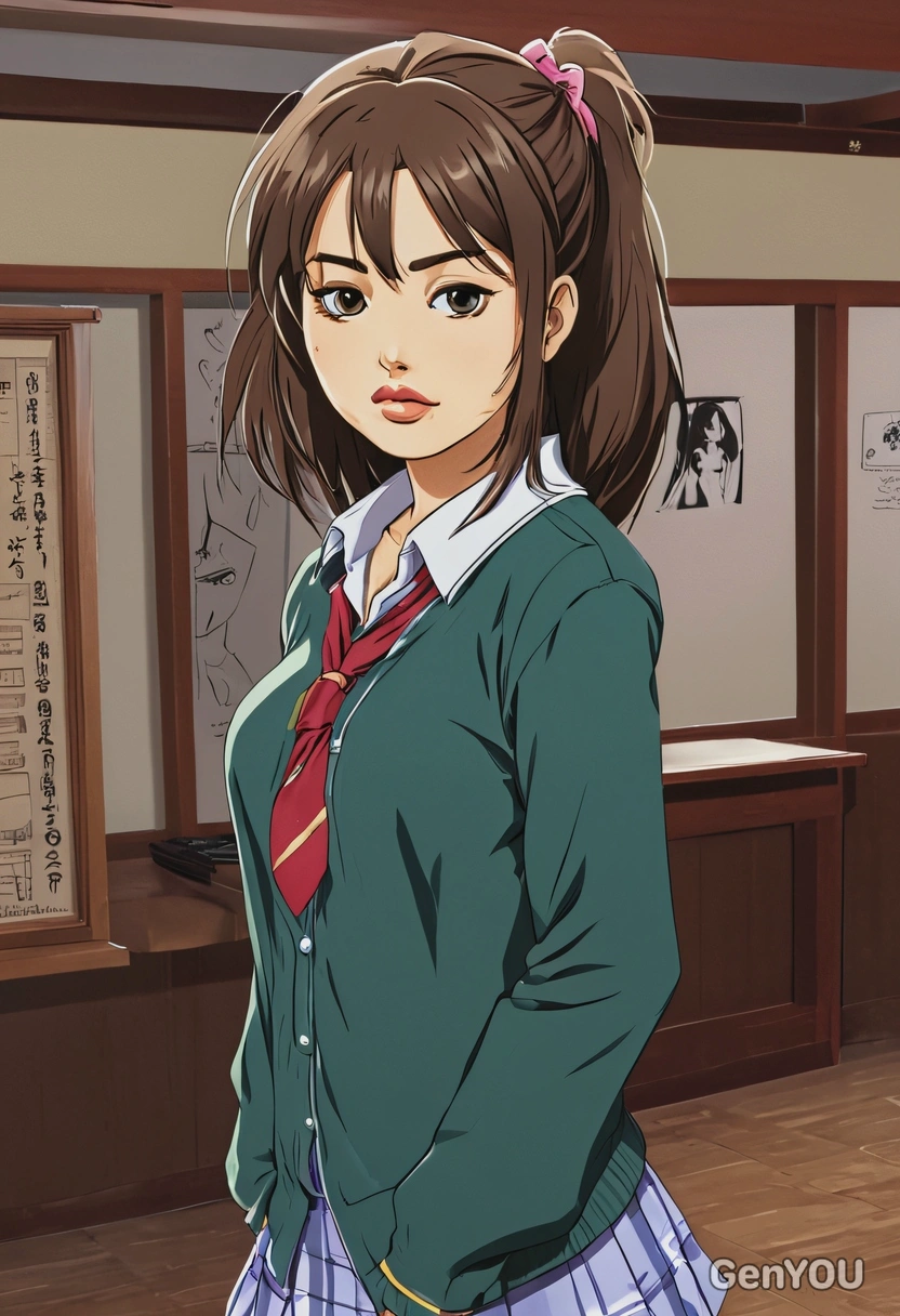 Haruhi Suzumiya standing in a clubroom, anime, big eyes, manga drawing
