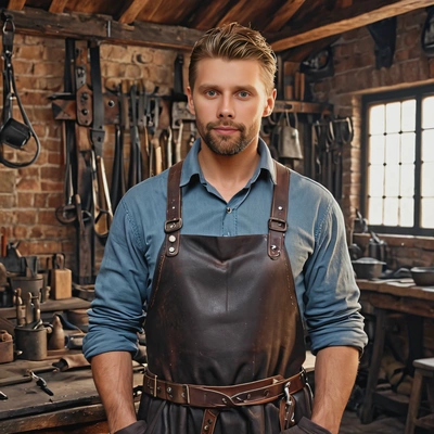 As a medieval blacksmith, leather apron, standing in a small ancient blacksmith shop, eyes on camera, vivid colors, symmetrical clothing details, video game style, high-quality stylized art